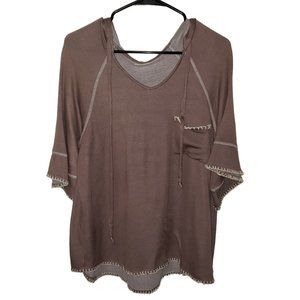 H.I.P. brand oversized 3/4 sleeve hooded v-neck tunic style top size small